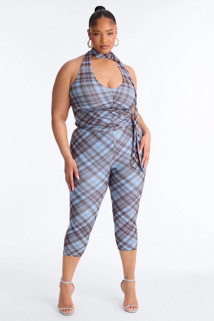 Paloma Plaid Halter 3 Piece Capri Set - Blue/combo