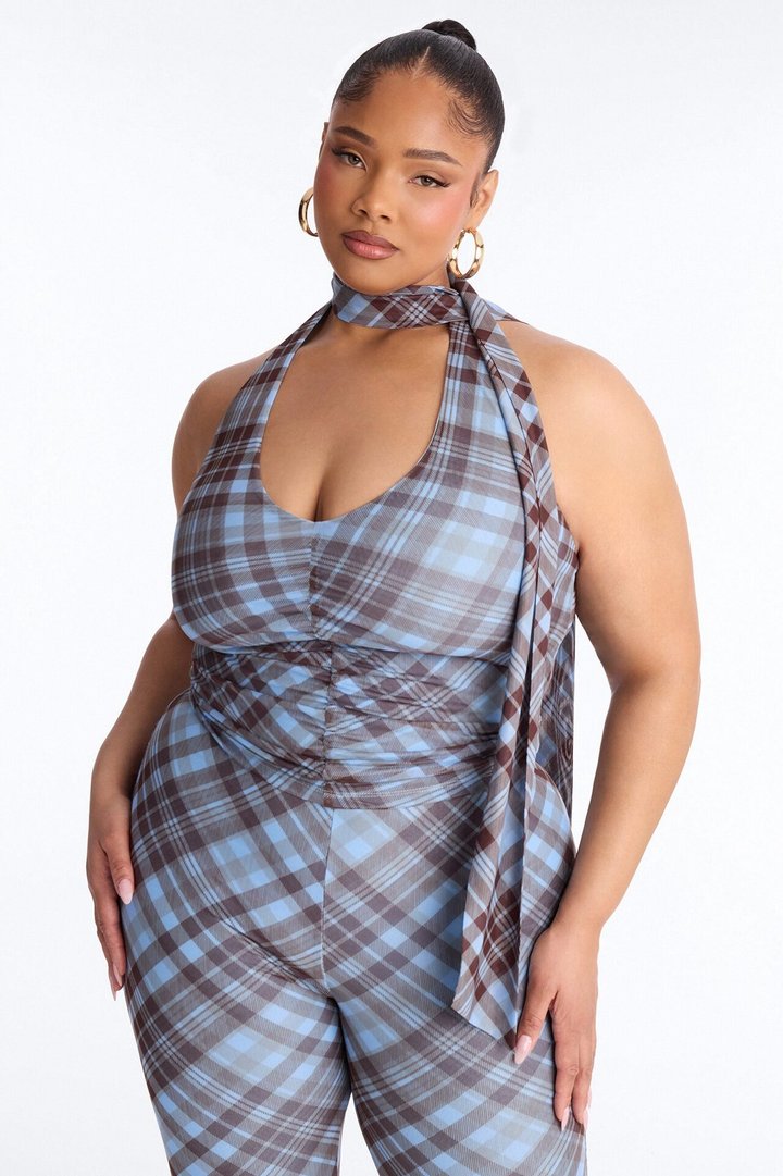 Paloma Plaid Halter 3 Piece Capri Set - Blue/combo