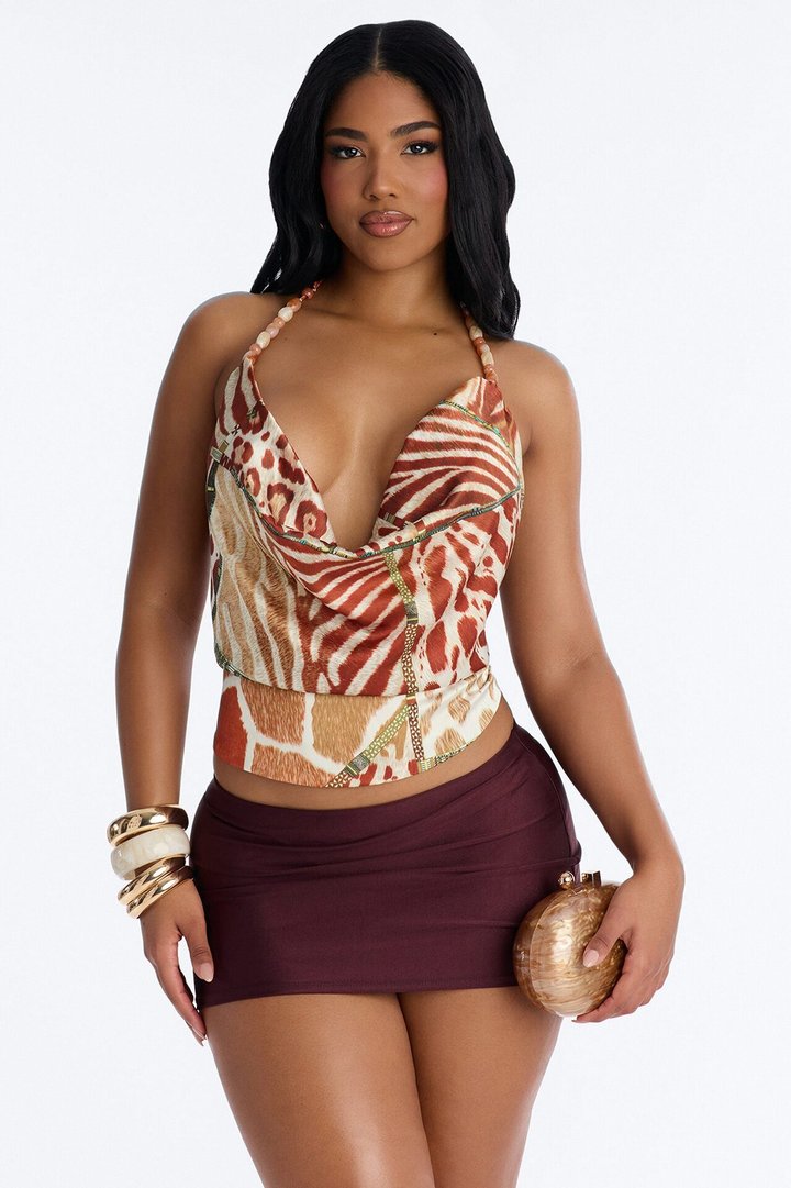 Lost In The Jungle Beaded Satin Halter Top - Multi Color