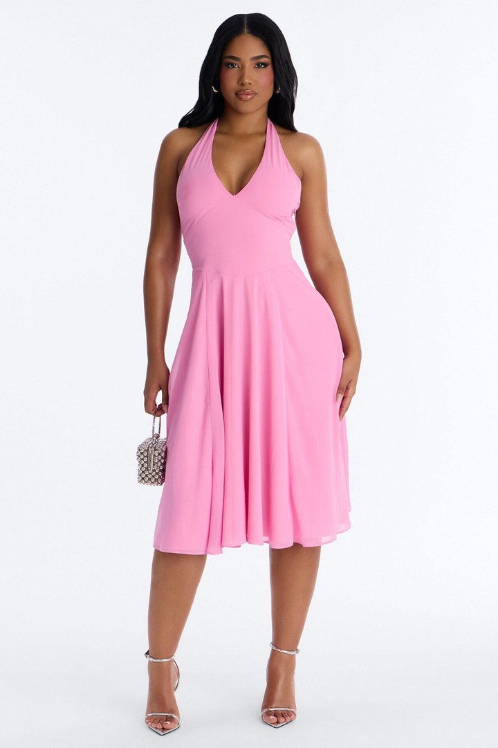 Holland Halter Chiffon Midi Dress - Pink