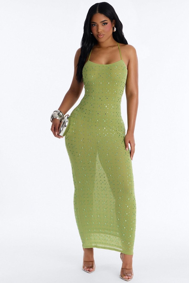 Dangerously Divine Rhinestone Maxi Dress - Sage