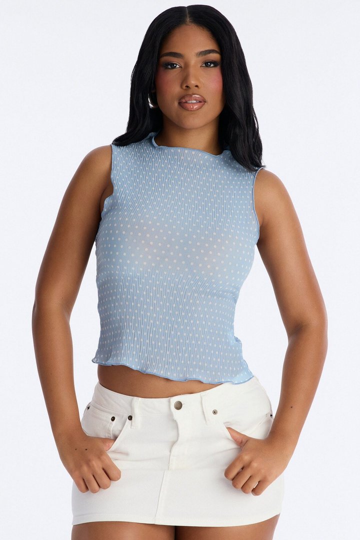 Into Paradise Mock Neck Polka Dot Plisse Top - Light Blue