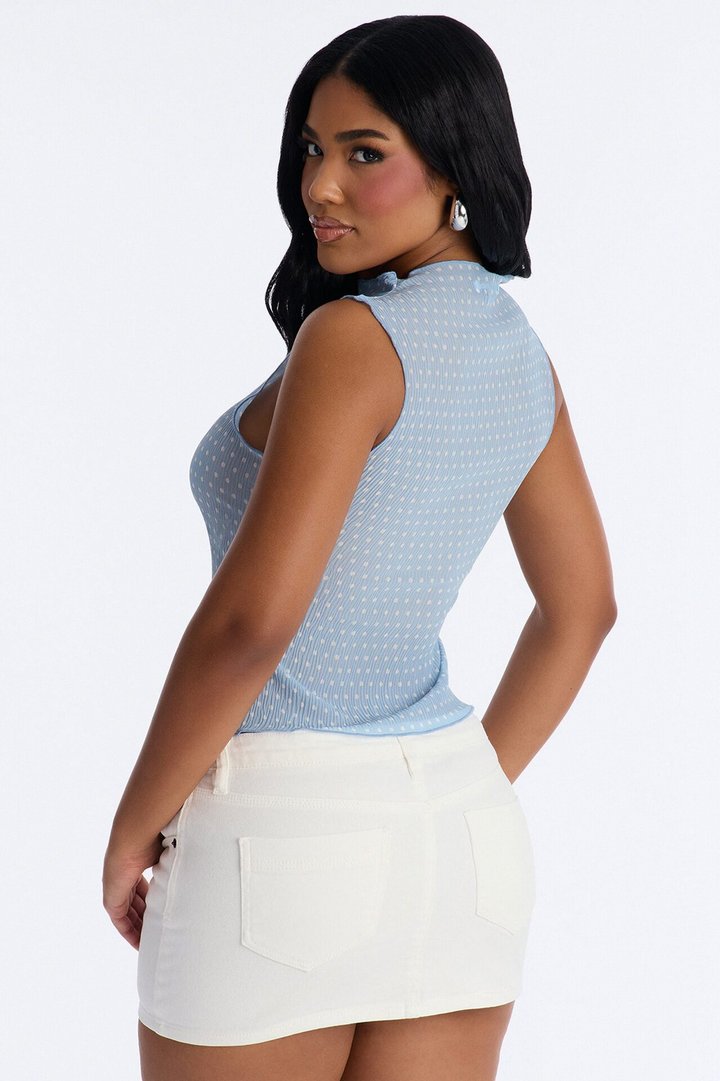 Into Paradise Mock Neck Polka Dot Plisse Top - Light Blue