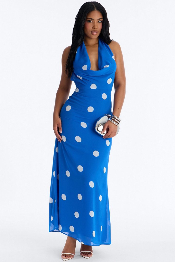 Marci Polka Dot Cowl Maxi Dress - Royal/combo