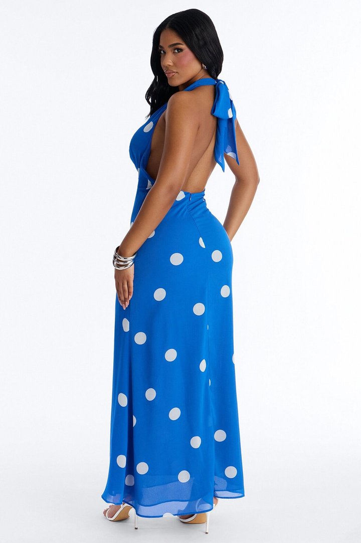 Marci Polka Dot Cowl Maxi Dress - Royal/combo