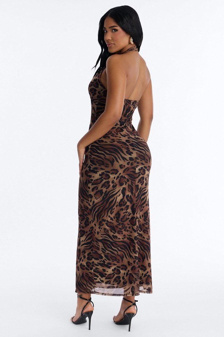 Ivanna Animal Print Mesh Maxi Dress - Brown/combo