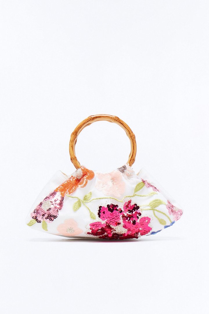 Flowers In Spring Sequin Satchel Handbag - Cream/combo