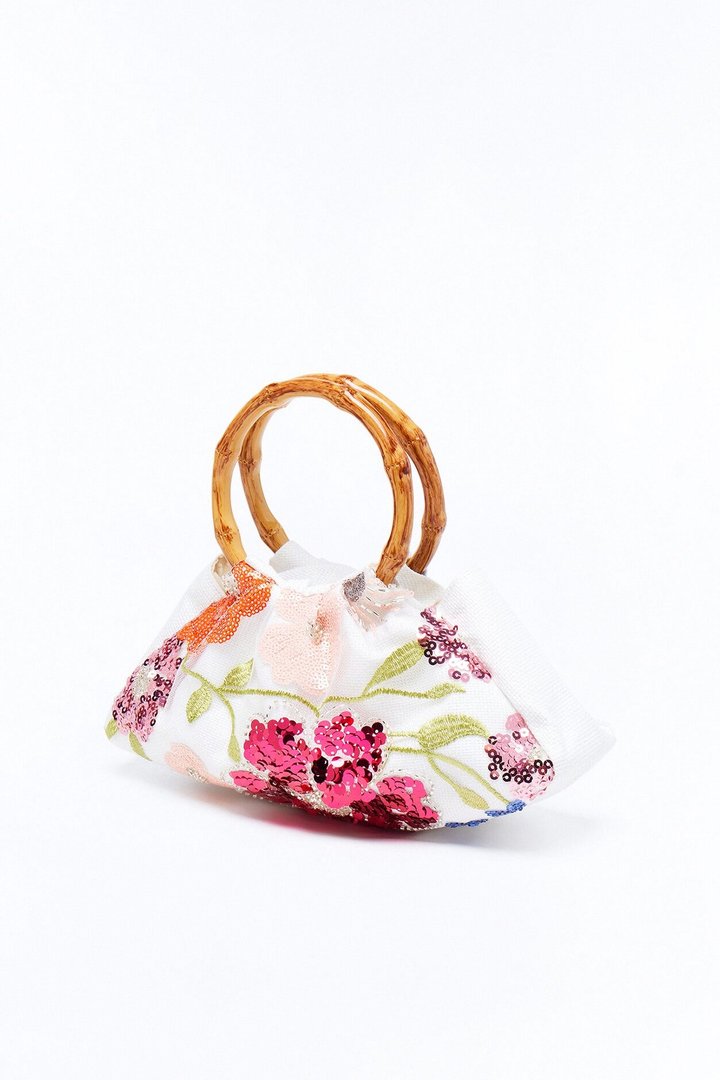 Flowers In Spring Sequin Satchel Handbag - Cream/combo