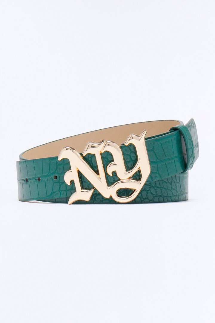 NY Initial Buckle Crocodile Embossed Faux Leather Belt - Green/combo