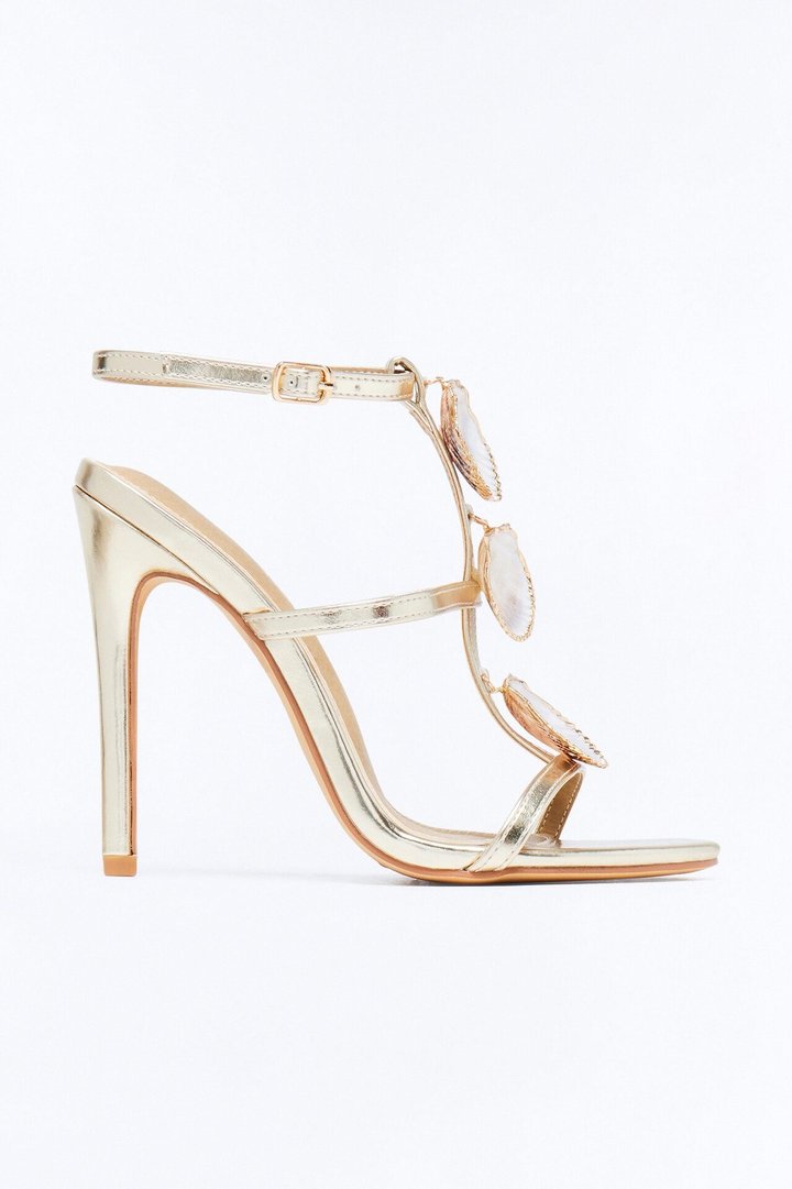 Shell Ankle Strap Stiletto Heels - Gold