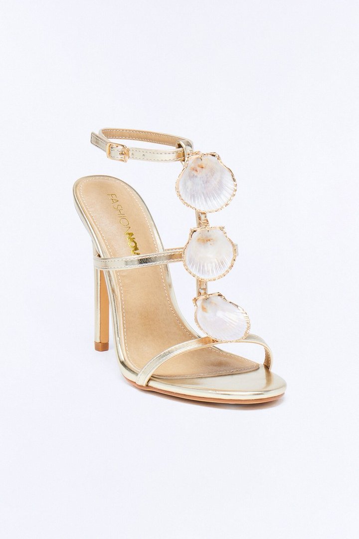 Shell Ankle Strap Stiletto Heels - Gold