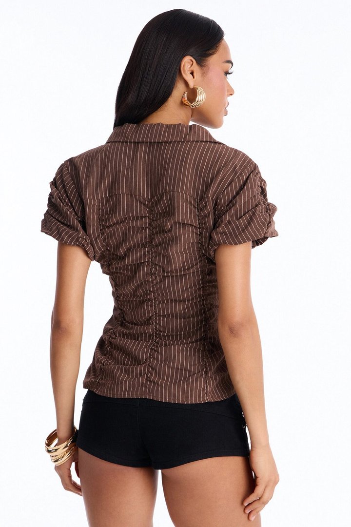 Streetwear Sweetness Ruched Pinstripe Top - Brown/combo