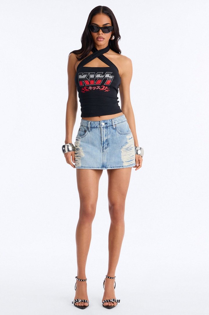 Feeling Destructive Denim Mini Skirt - Light Wash