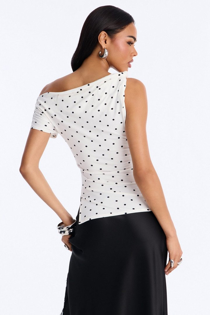 Liv Twist Off Shoulder Polka Dot Short Sleeve Top - White/Black