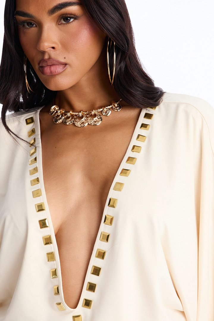 Cleo Studded Fringe Mini Dress - Cream