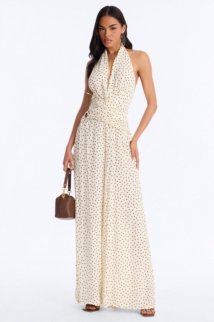 Darcy Polka Dot Halter Jumpsuit - Cream/combo