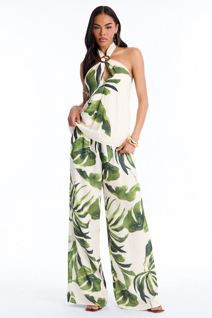 For The Moment Tropical Halter Pant Set - Green/combo