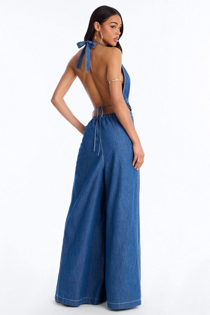 Bianca Backless Wide Leg Denim Jumpsuit - Medium Wash