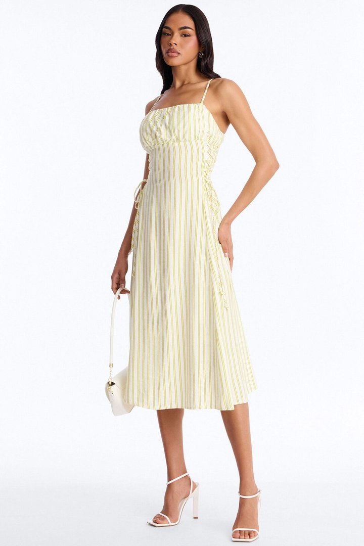 Claire Lace Up Pinstripe Midi Dress - Sage/combo