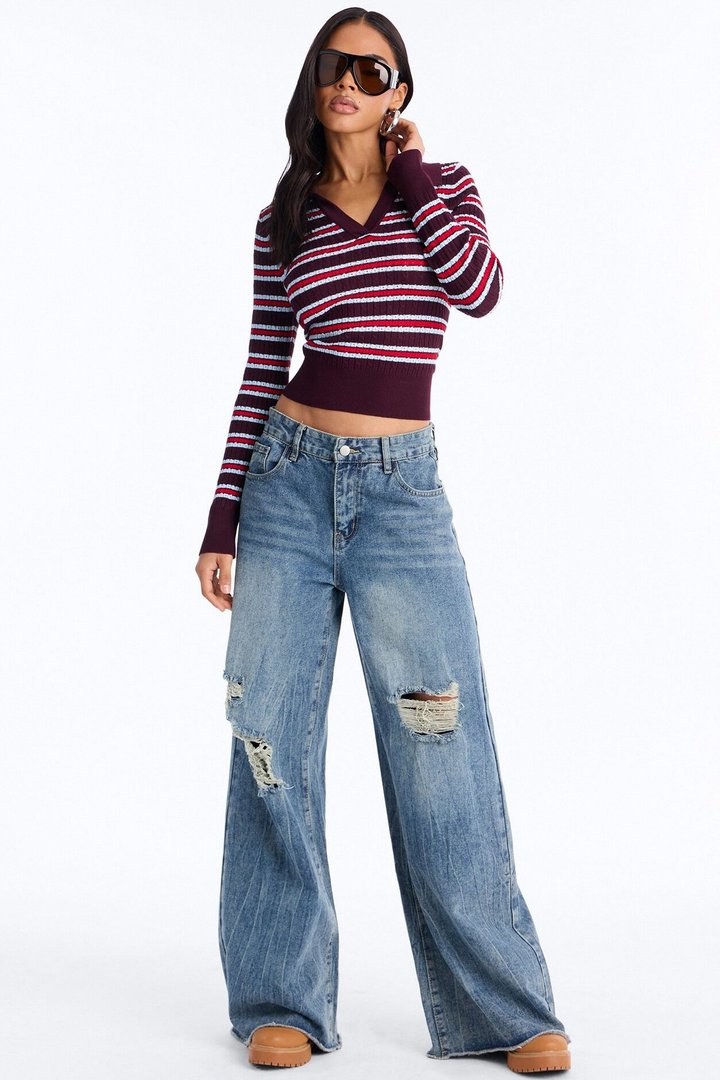 Countless Times Ripped Wide Leg Jeans - Medium Wash