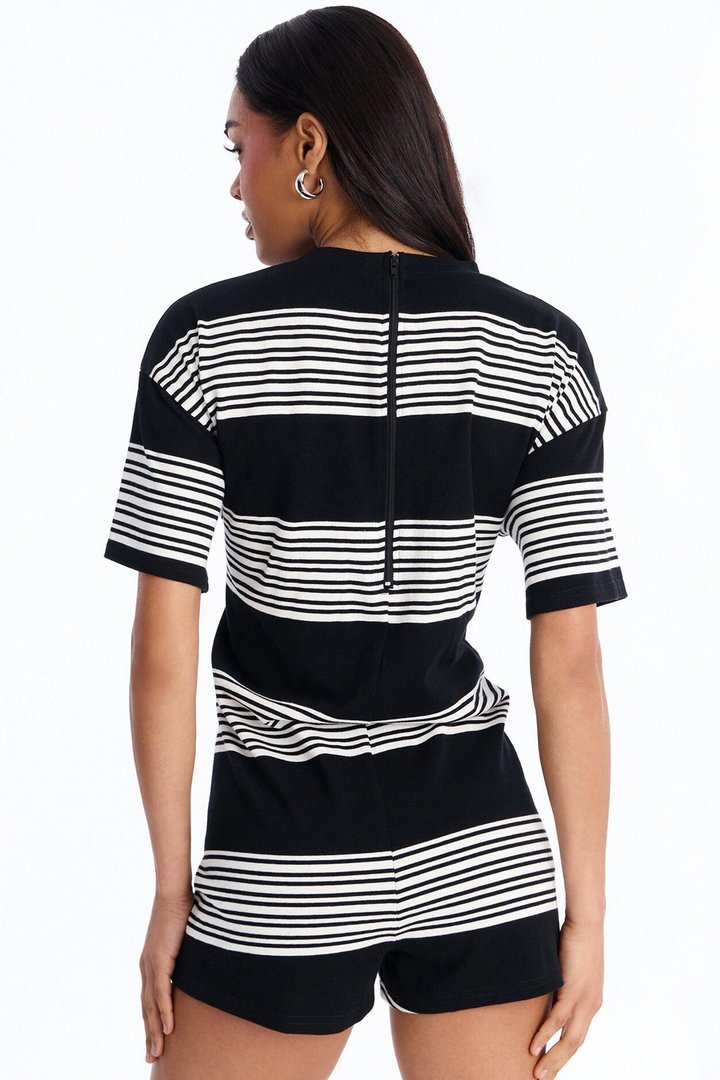 Sari Striped Tie Waist Romper - Black
