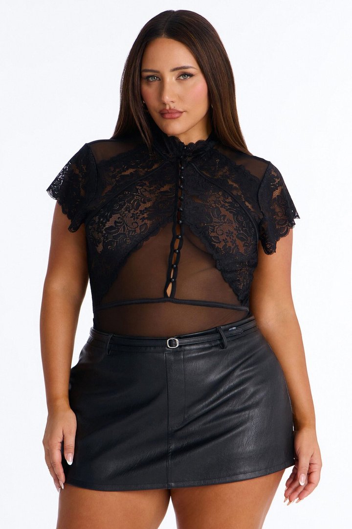 Mirabel Lace Button Up Mock Neck Short Sleeve Bodysuit - Black