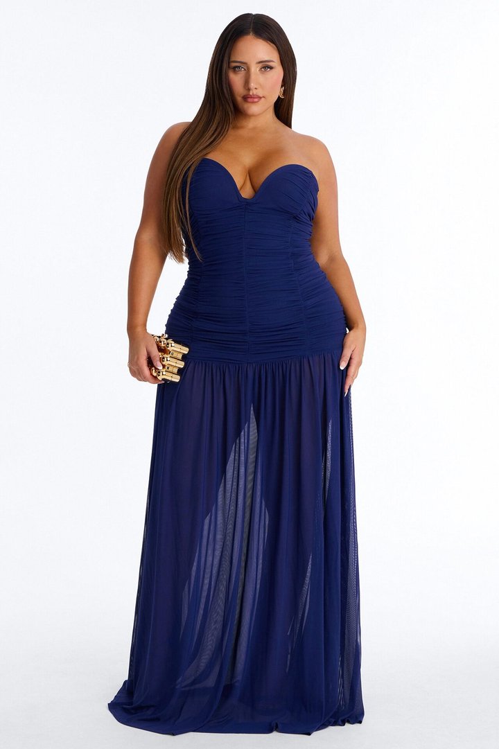 Soft Glam Ruched Mesh Gown - Navy