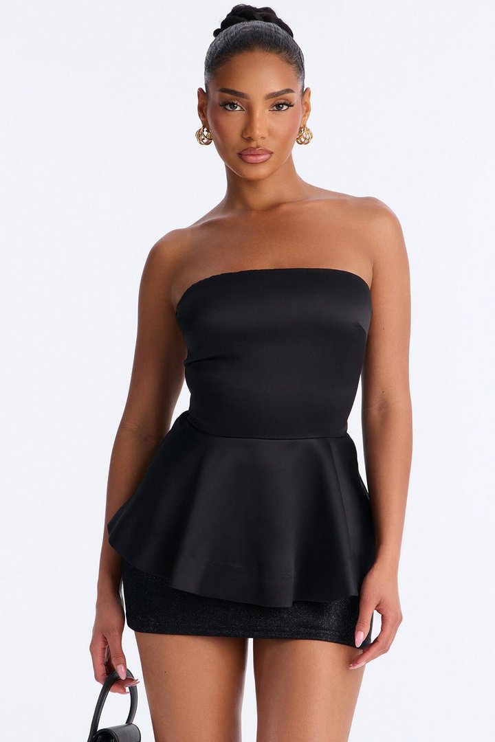 Playful Satin Strapless Top - Black
