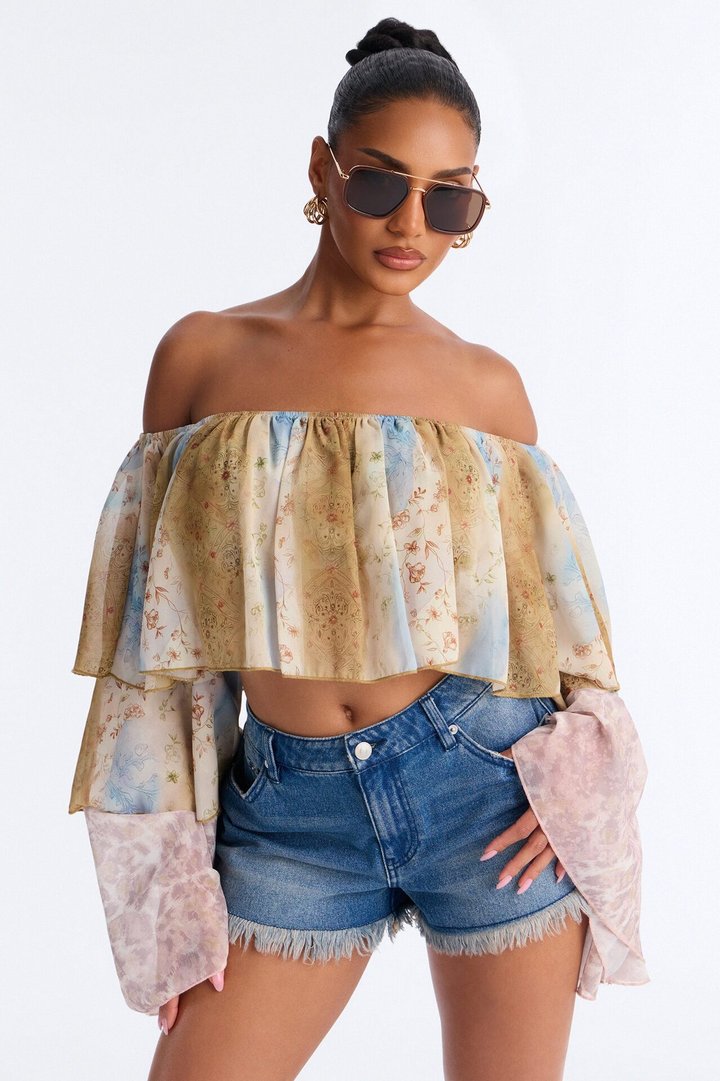 Part of The Job Ruffle Off Shoulder Chiffon Top - Multi Color