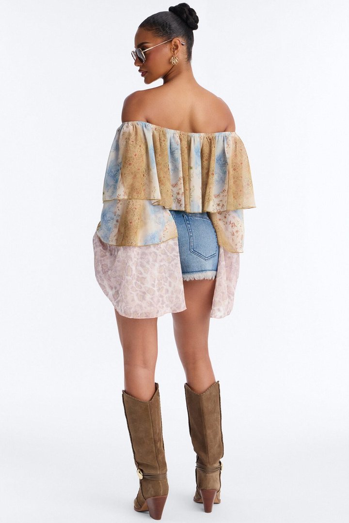 Part of The Job Ruffle Off Shoulder Chiffon Top - Multi Color