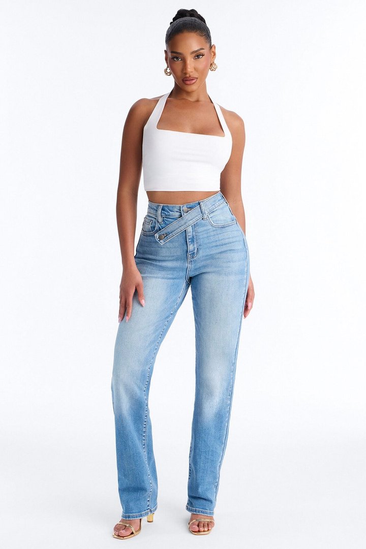 Cambria Crossover Stretch Straight Leg Jeans - Medium Wash