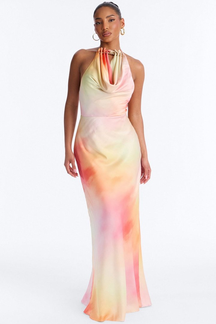Layla Cowl Backless Satin Maxi Dress - Pink/combo