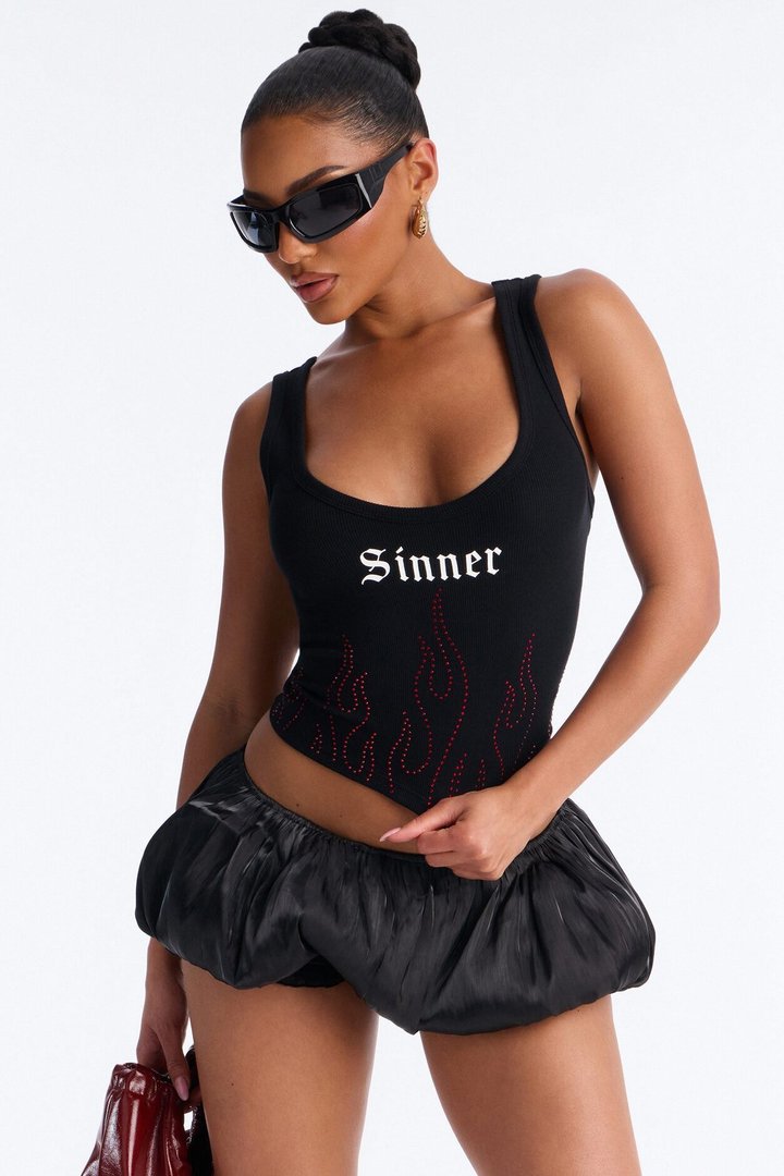 Sinner Rhinestone Flame Tank Top - Black