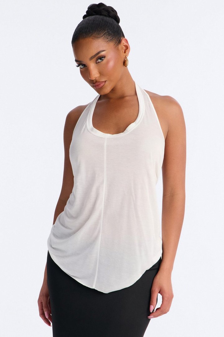 Cameron Sheer Scoop Neck Halter Top - White