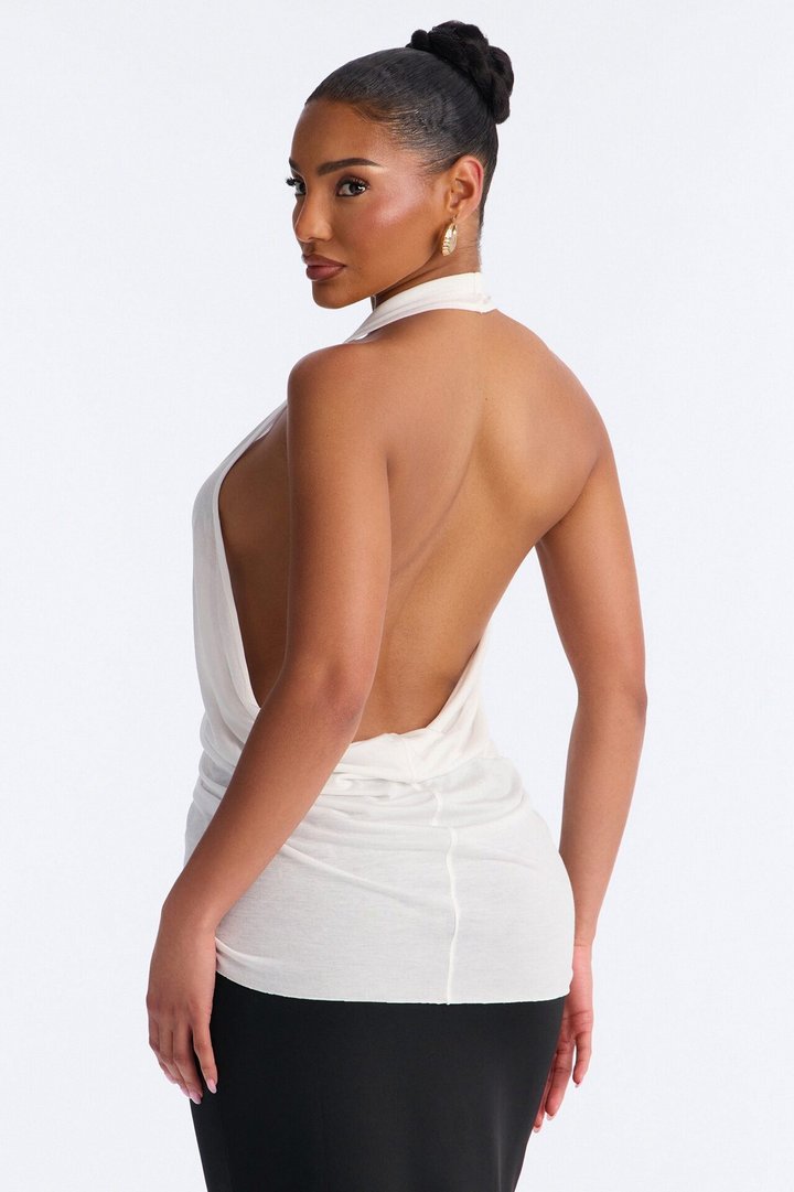 Cameron Sheer Scoop Neck Halter Top - White