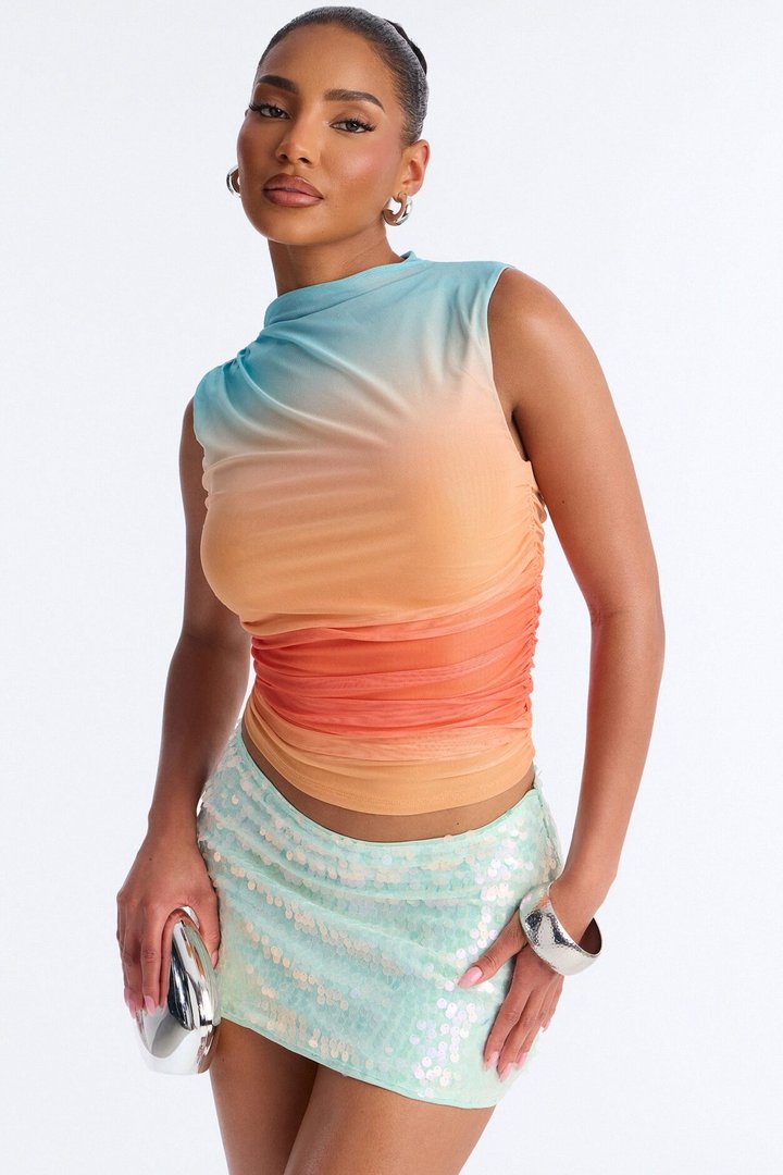 Tulum Sunset Mesh Mock Neck Ruched Sleeveless Top - Multi Color