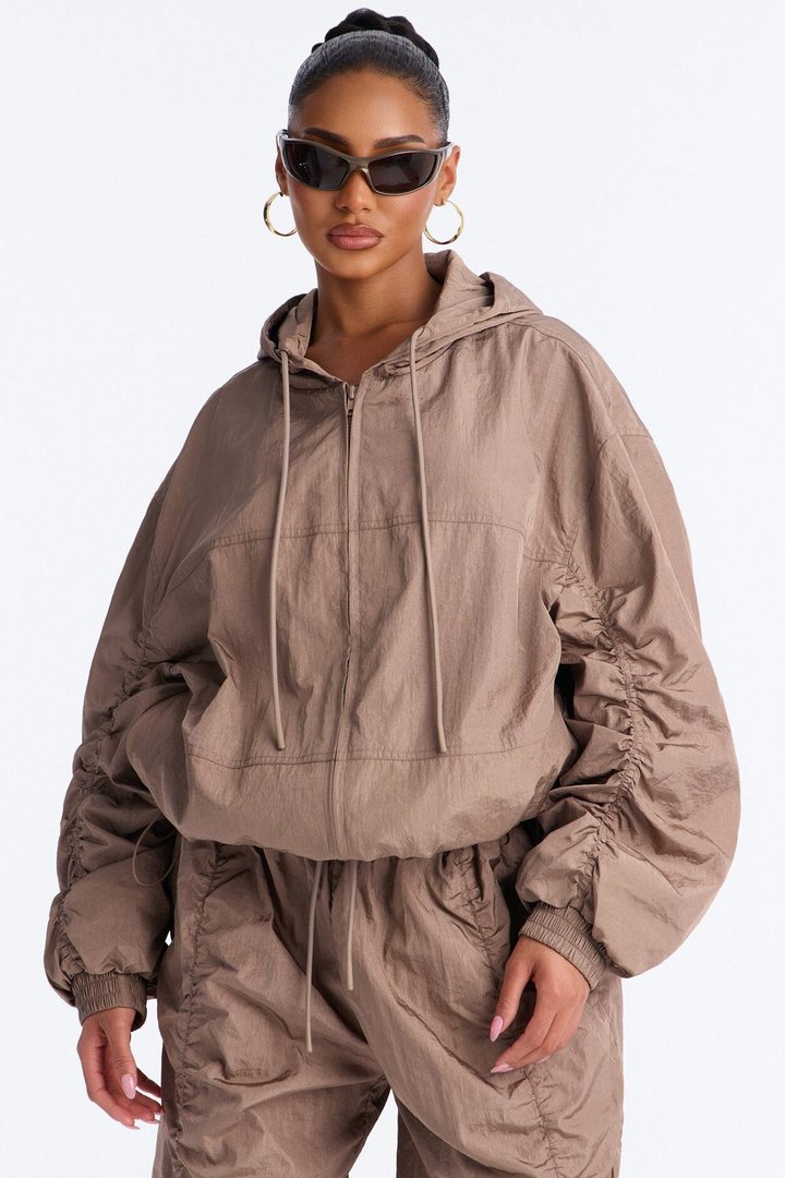 On The Move Oversized Windbreaker Hooded Jacket - Caffe