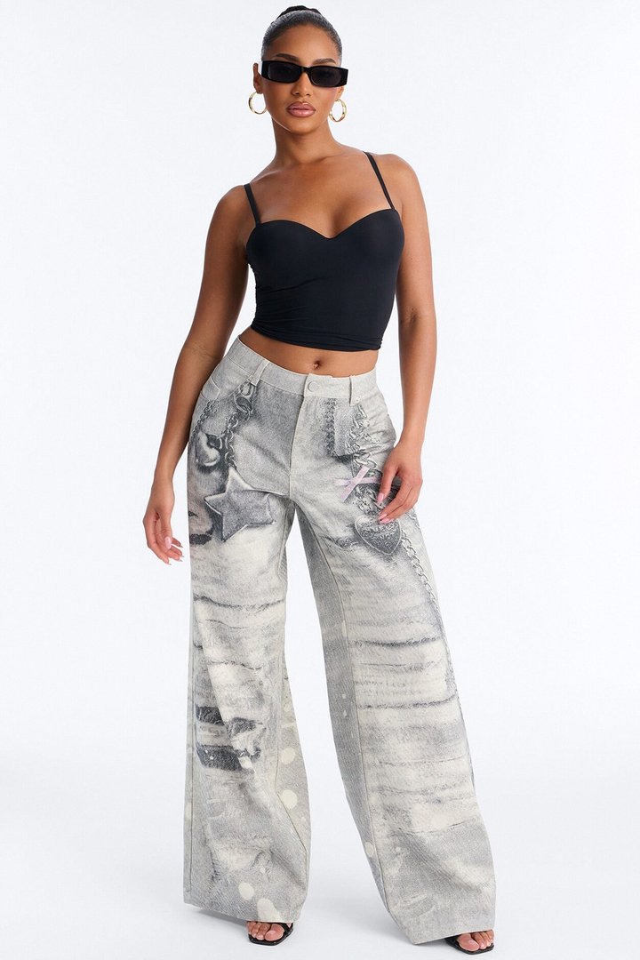 No Chances Wide Leg Low Rise Pant 32″ - Grey/combo