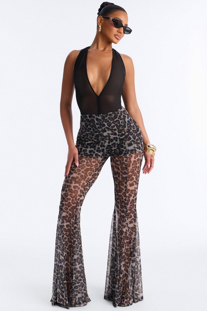 Talk Nice to Me Flared Leopard Mesh Pant - Leopard