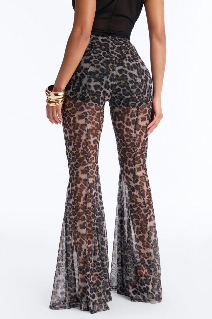 Talk Nice to Me Flared Leopard Mesh Pant - Leopard