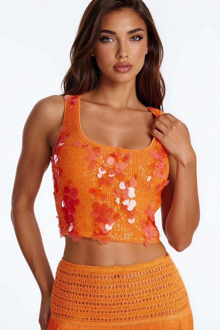 Beach Getaway Sequin Scoop Neck Top - Orange