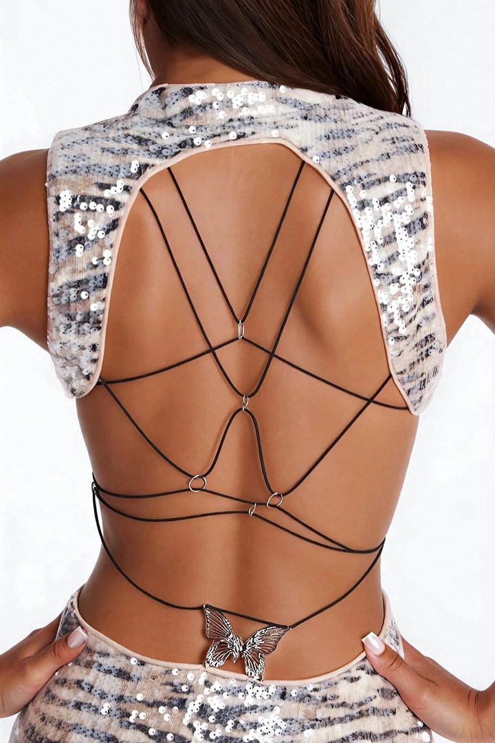 She's Her Backless Sequin Mini Dress - Taupe/combo