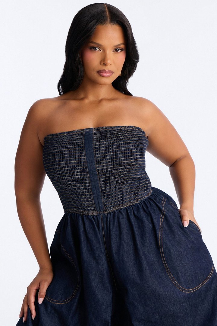 Bella Smocked Denim Jumpsuit - Dark Wash