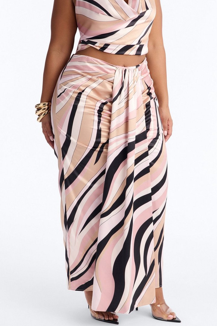 Untamed Abstract Satin Cowl Top And Head Scarf - Pink/combo