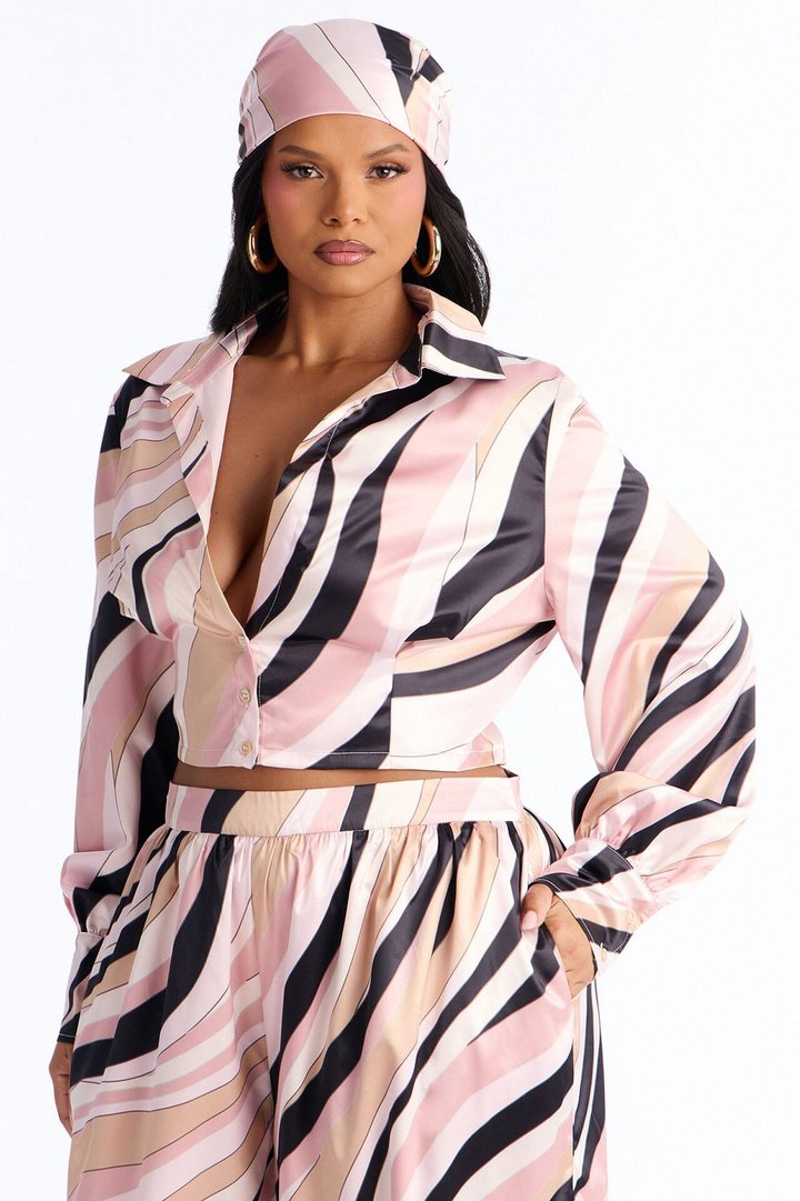 Untamed Abstract Satin Pant Set And Head Scarf - Pink/combo