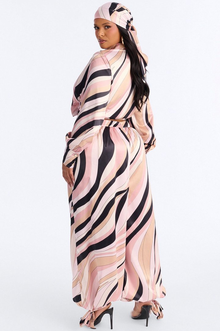 Untamed Abstract Satin Pant Set And Head Scarf - Pink/combo