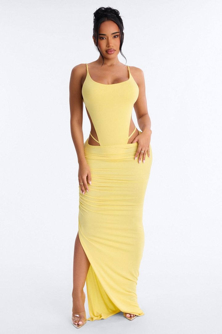 Kara Backless Bodysuit Maxi Skirt Set - Yellow