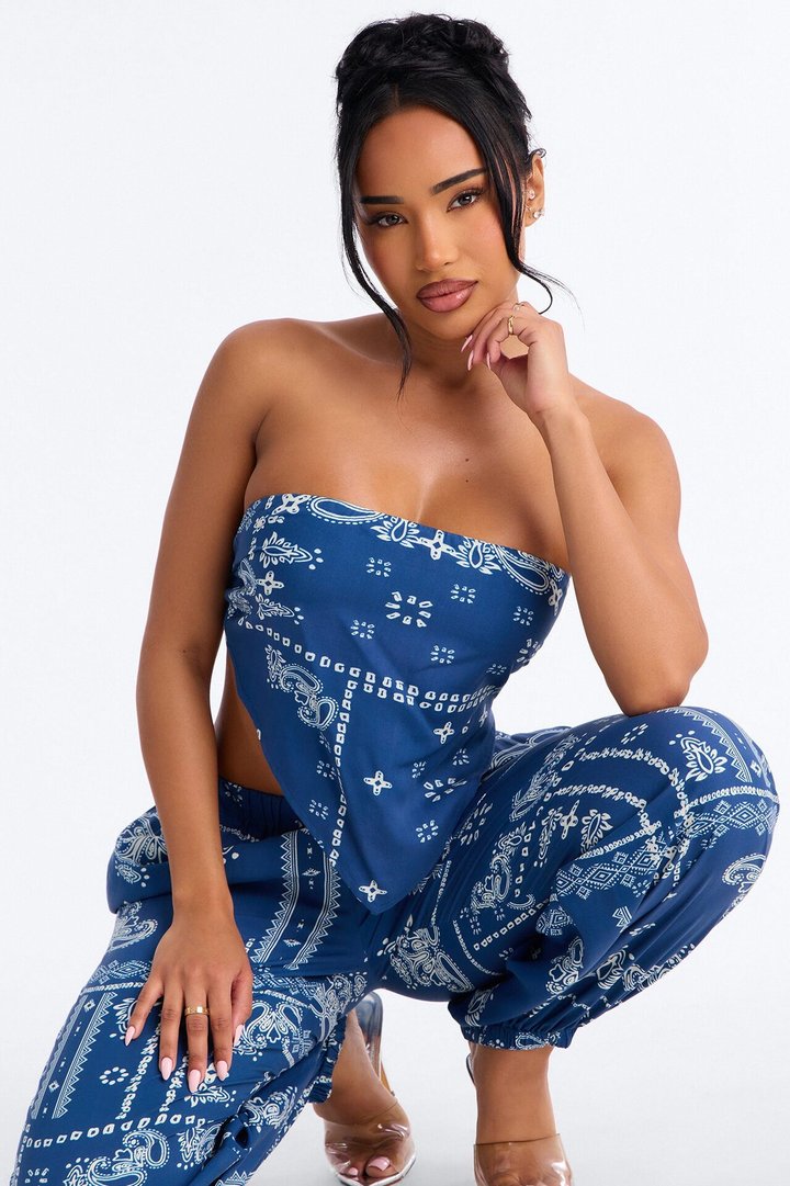 Jenna Bandana Print Balloon Pant Set - Navy