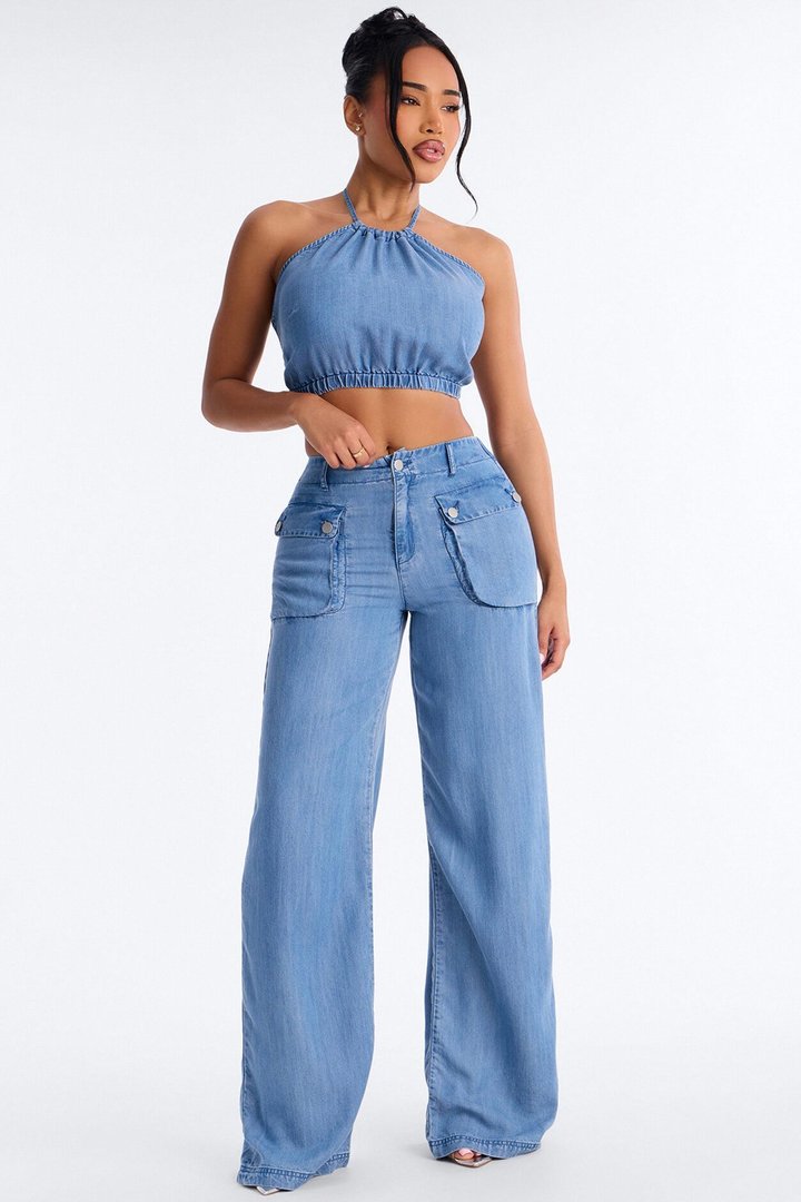 Renee Chambray Halter Pant Set - Blue