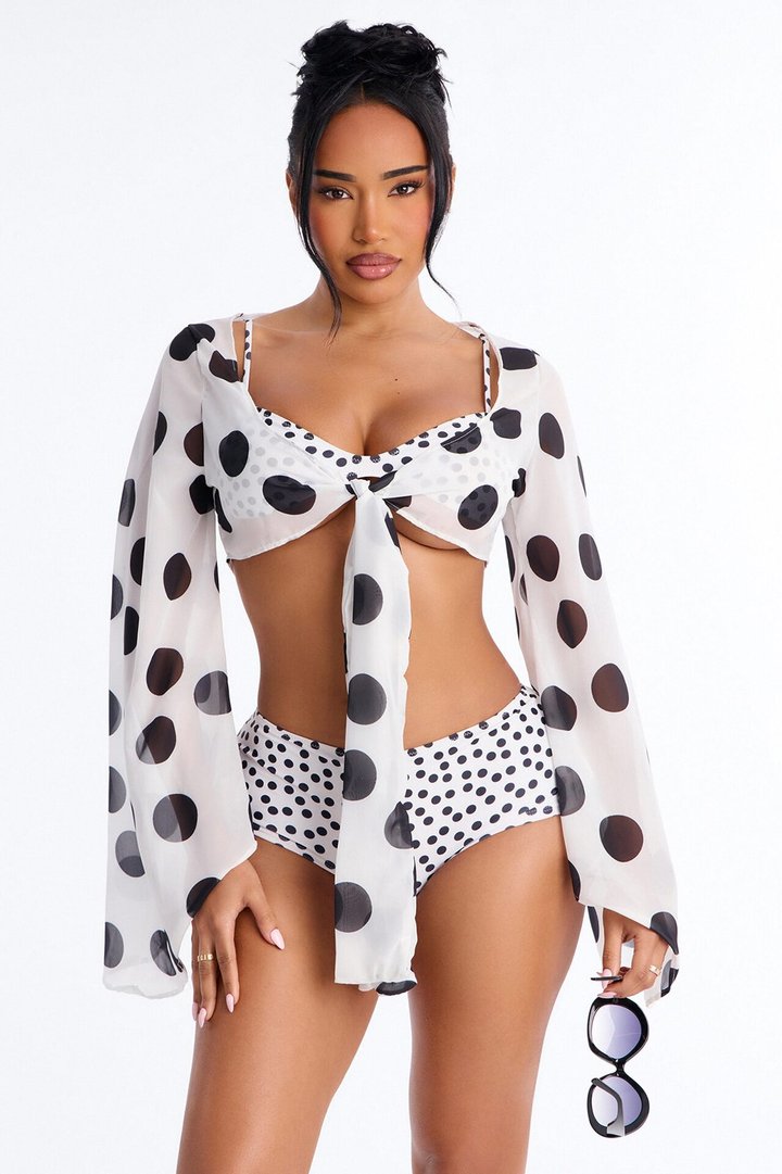 Warm Vacay Sheer Flare Sleeve Front Tie Boyshort 3 Piece Bikini Set - White/Black